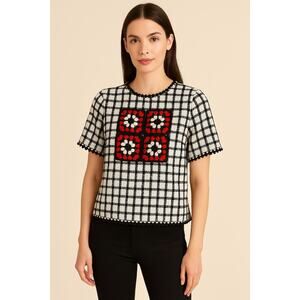 Endless Rose Black White Checkered Crochet Accent Top Sz S NWOT Retro Mod Stylec